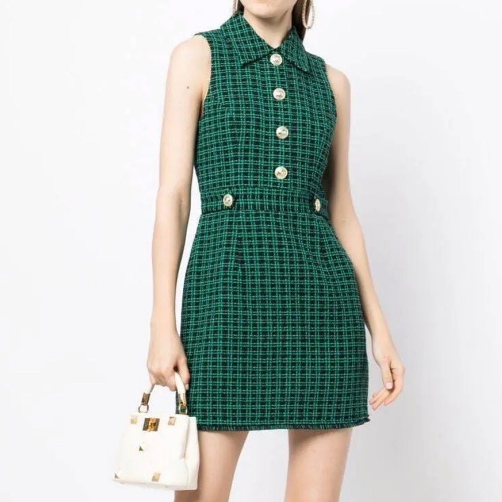 NWOT Rebecca Vallance green tweed mini dress gold button